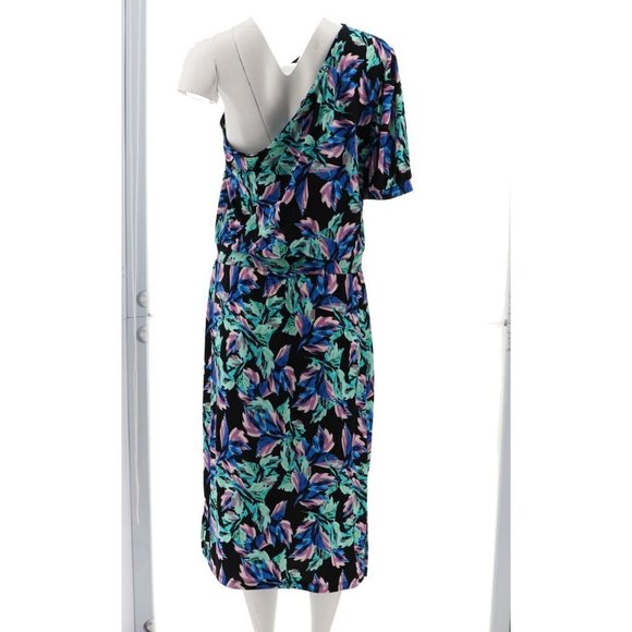 NWT G.I.L.I. ONE SHOULDER PRINTED KNIT DRESS BLACK FLORAL LARGE - Picture 6 of 13